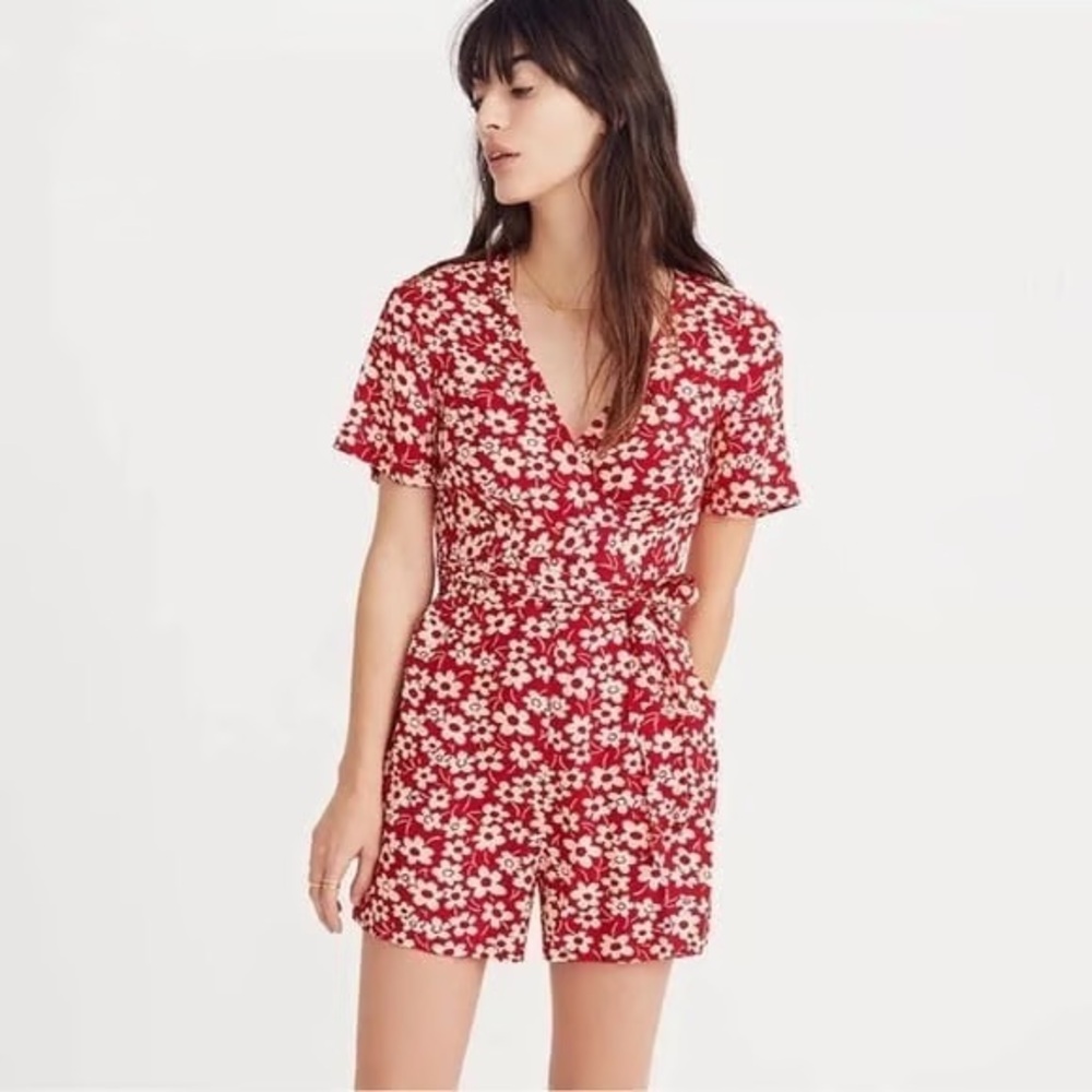 Madewell Mini Daisy Wrap-Front Romper — Red